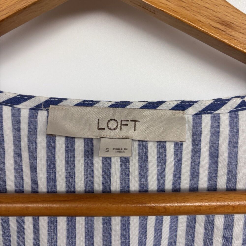 LOFT Blue White Striped Maxi Dress Smocked Waist Puff Sleeve Boho Size S - Picture 3 of 6